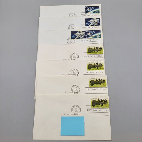 First Day Issue Stamps 1967 1968 US Space Achievements and Marquette Explorer - Picture 1 of 3